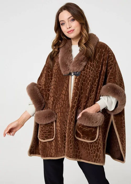 Izabel London Brown Printed Faux Fur Trim Cape Coat - One Size Image 1