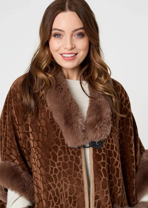 Izabel London Brown Printed Faux Fur Trim Cape Coat - One Size Image 3