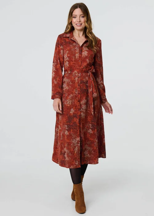 Izabel London Orange Leaf Print Tie Waist Midi Shirt Dress - 8 Image 4