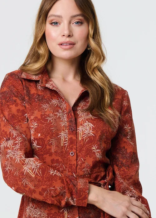Izabel London Orange Leaf Print Tie Waist Midi Shirt Dress - 8 Image 3