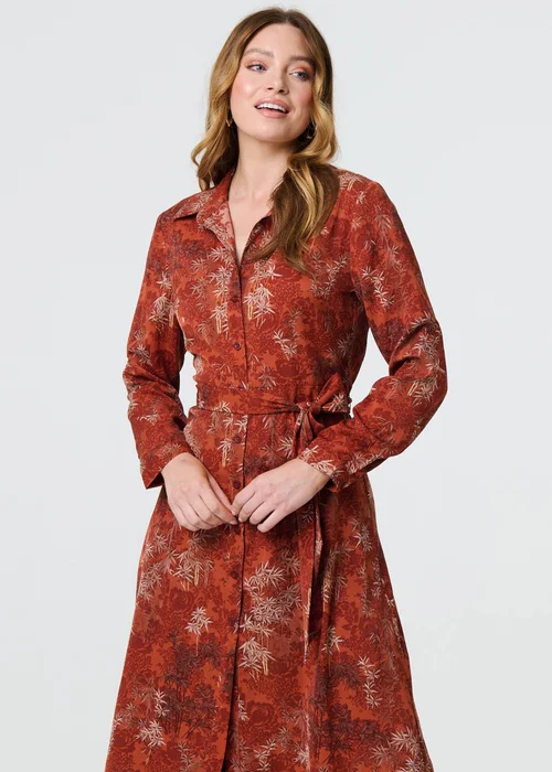 Izabel London Orange Leaf Print Tie Waist Midi Shirt Dress - 8 Image 1
