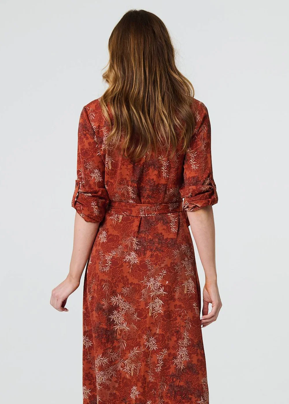 Izabel London Orange Leaf Print Tie Waist Midi Shirt Dress - 8 Image 2