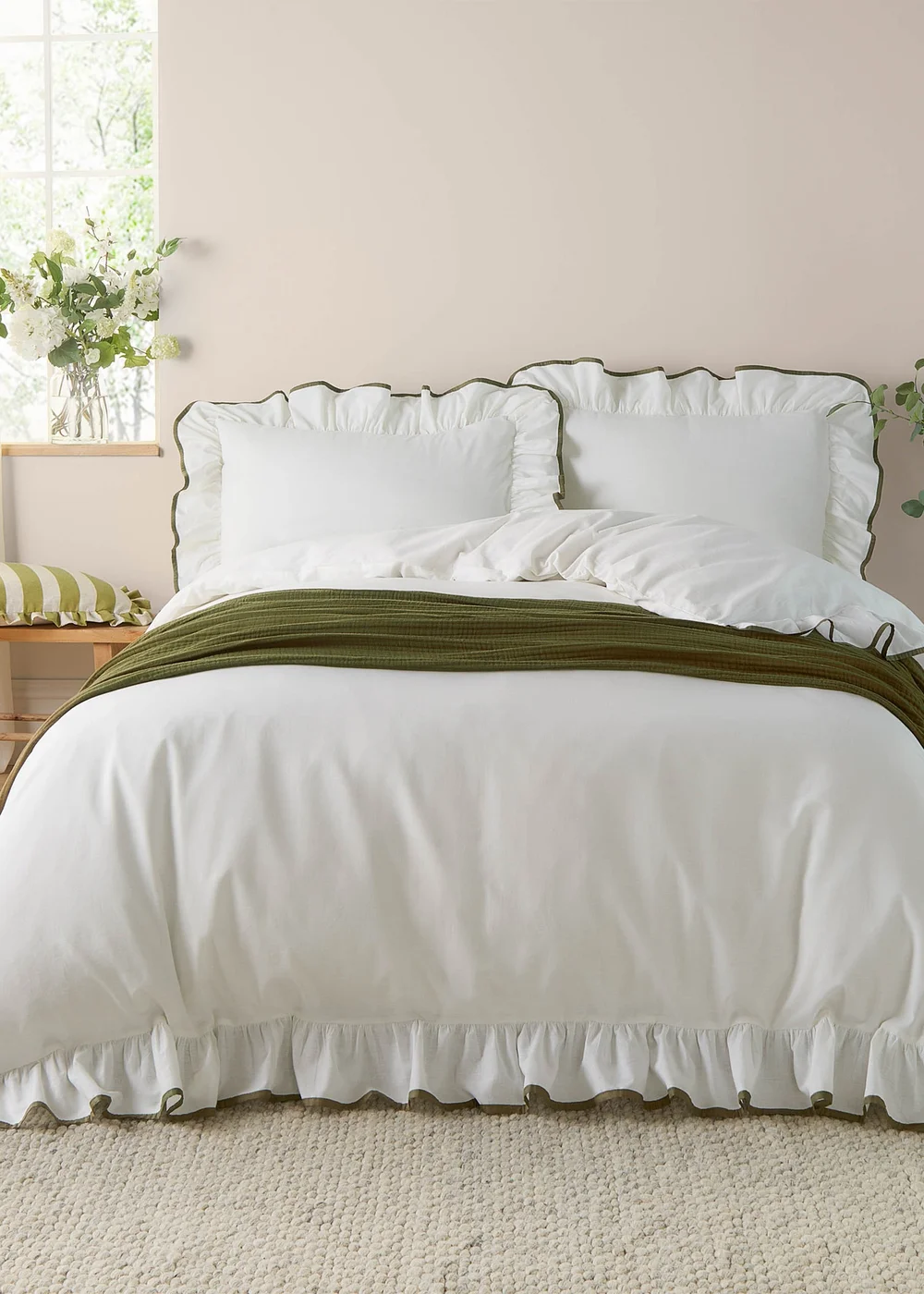 Wylder Blousey Cotton Ruffle Duvet Cover Set Olive - Single Image 1