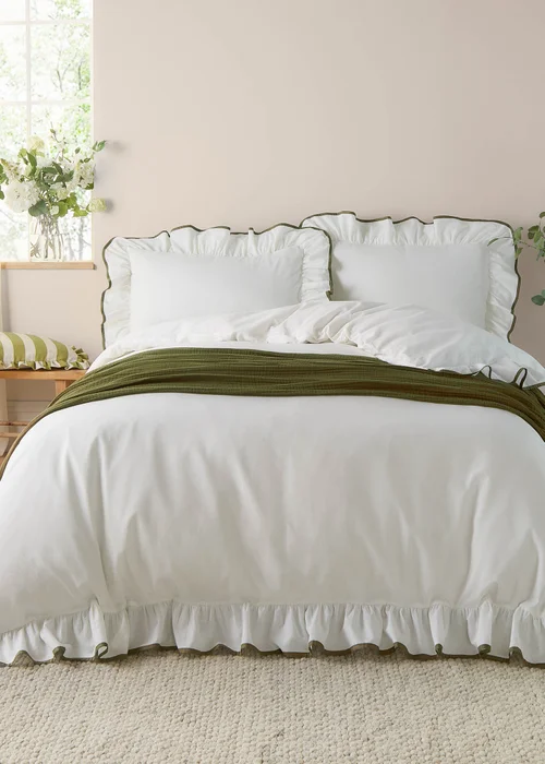 Wylder Blousey Cotton Ruffle Duvet Cover Set Olive - Single Image 1