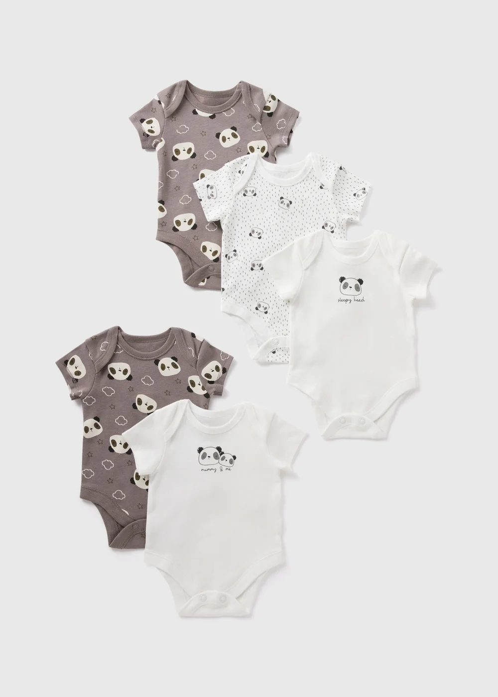 5 Pack Grey Panda Bodysuits (Newborn-23mths) - 0-3 months Image 1