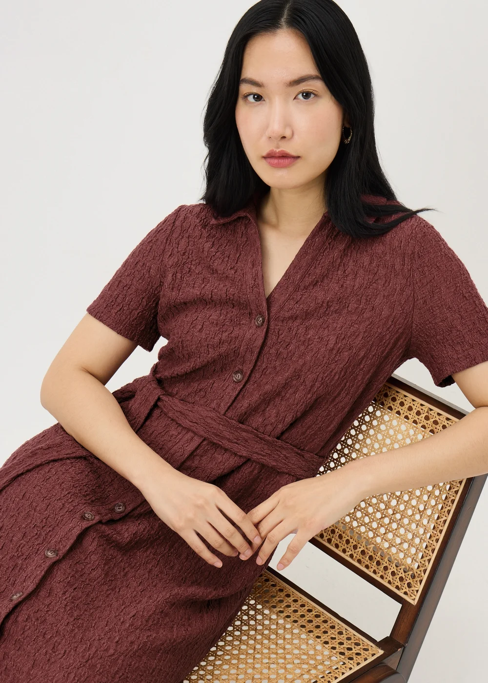 Dark Pink Textured Shirt Midi Dress - 28 Image 3