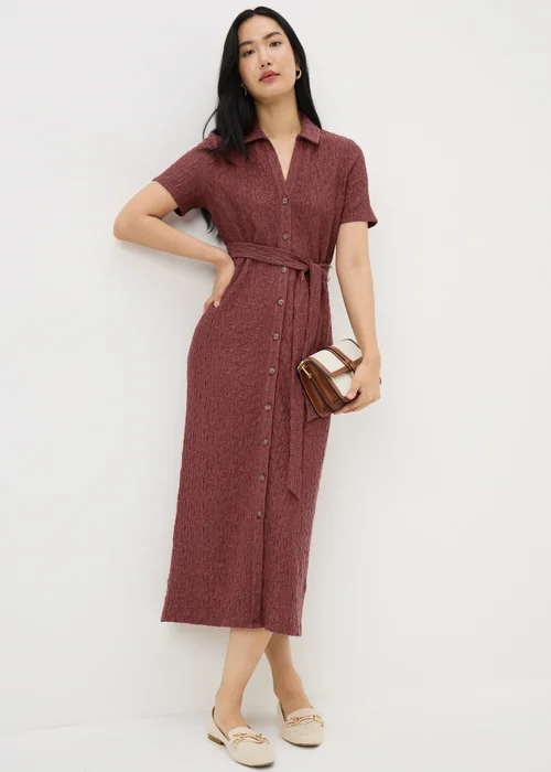 Dark Pink Textured Shirt Midi Dress - 28 Image 1