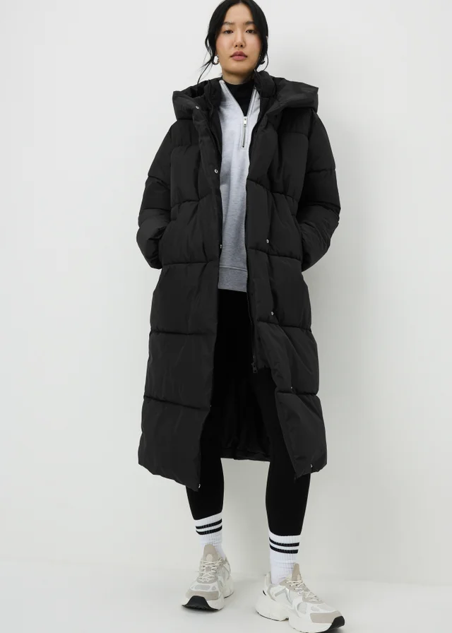 Black Padded Long Wrap Coat