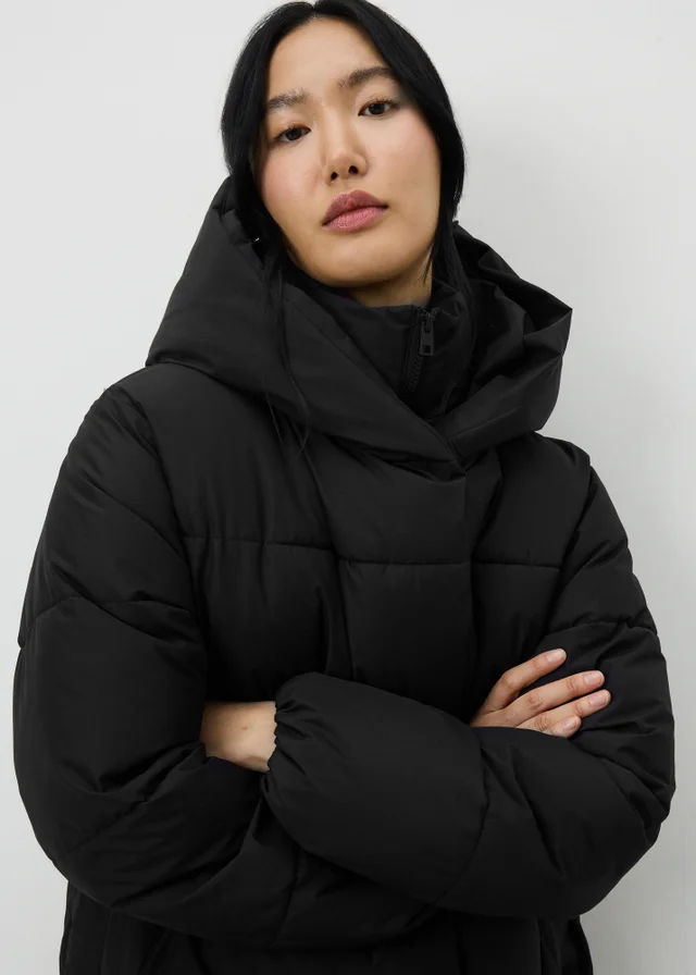 Black Padded Long Wrap Coat