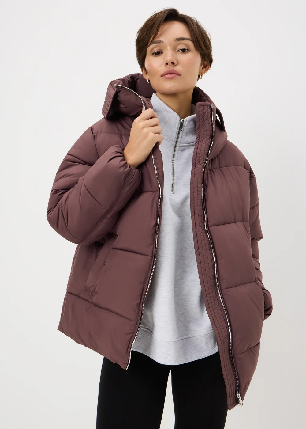 Burgundy Funnel Neck Showerproof Padded Mid Length Coat - S Image 1