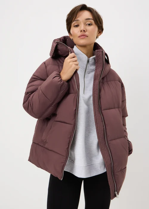 Burgundy Funnel Neck Showerproof Padded Mid Length Coat - S Image 1