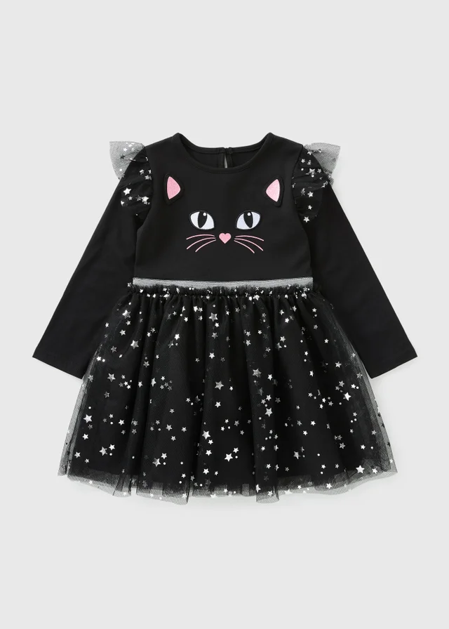 Girls Black Mesh Cat Dress (1-7 Years)