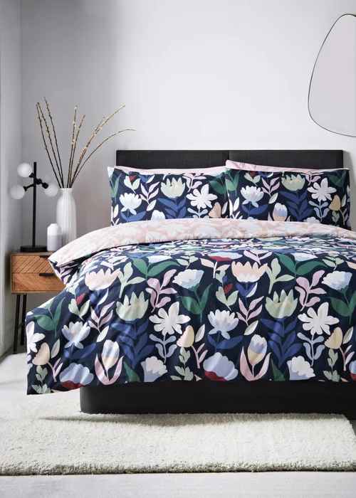 Navy Floral Design Duvet Set - Single Image 1