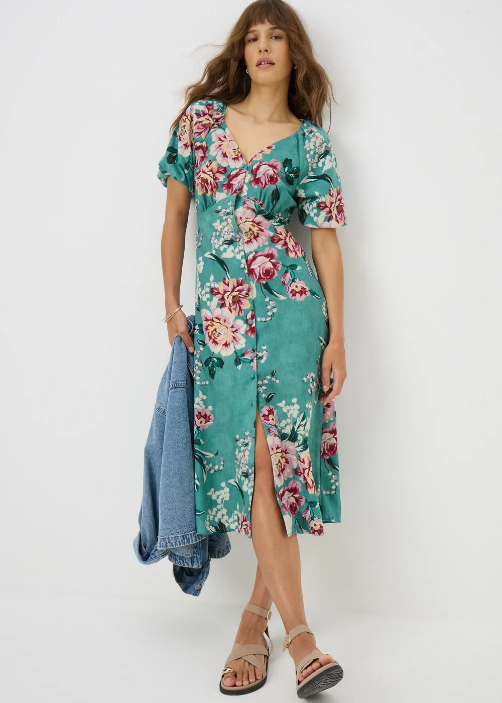 Green Floral Puff Sleeve Midi Dress - 8 Image 1