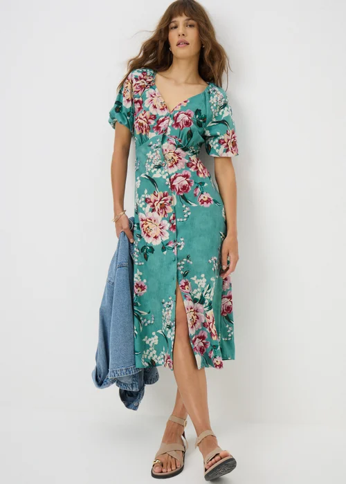 Green Floral Puff Sleeve Midi Dress - 8 Image 1