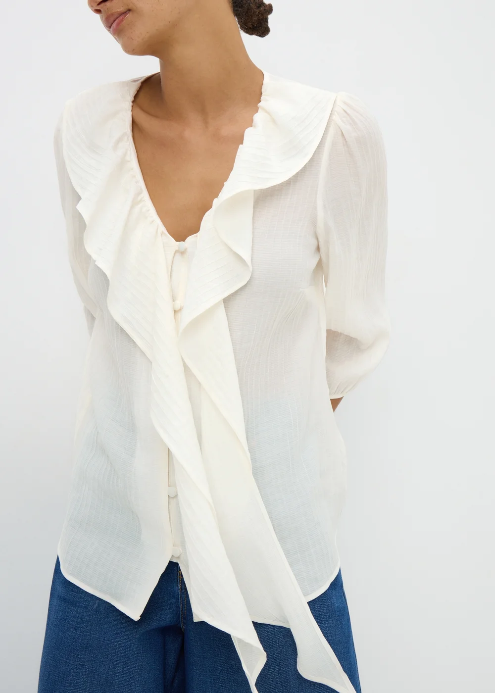 White Frill Tie Neck Blouse - 8 Image 1