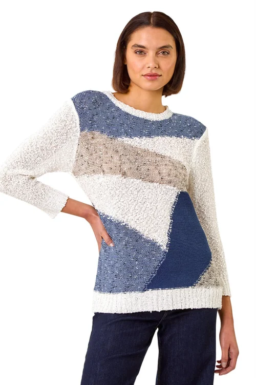 Roman Blue Textured Colour Block Jumper - Size 20 Image 1