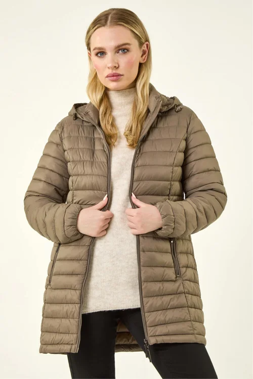 Roman Taupe Petite Metallic Finish Quilted Puffer Coat - 16 Image 4