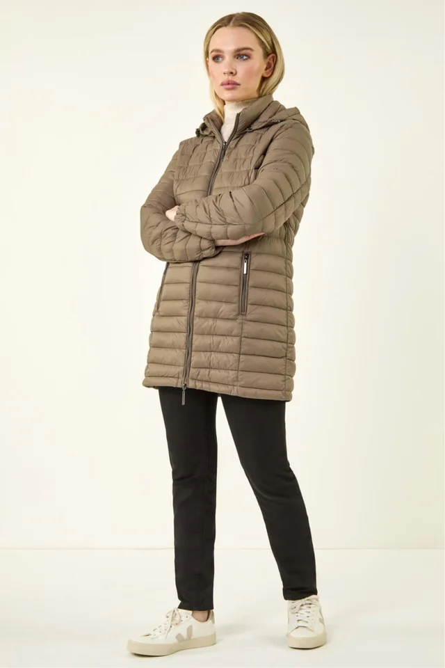 Roman Taupe Petite Metallic Finish Quilted Puffer Coat