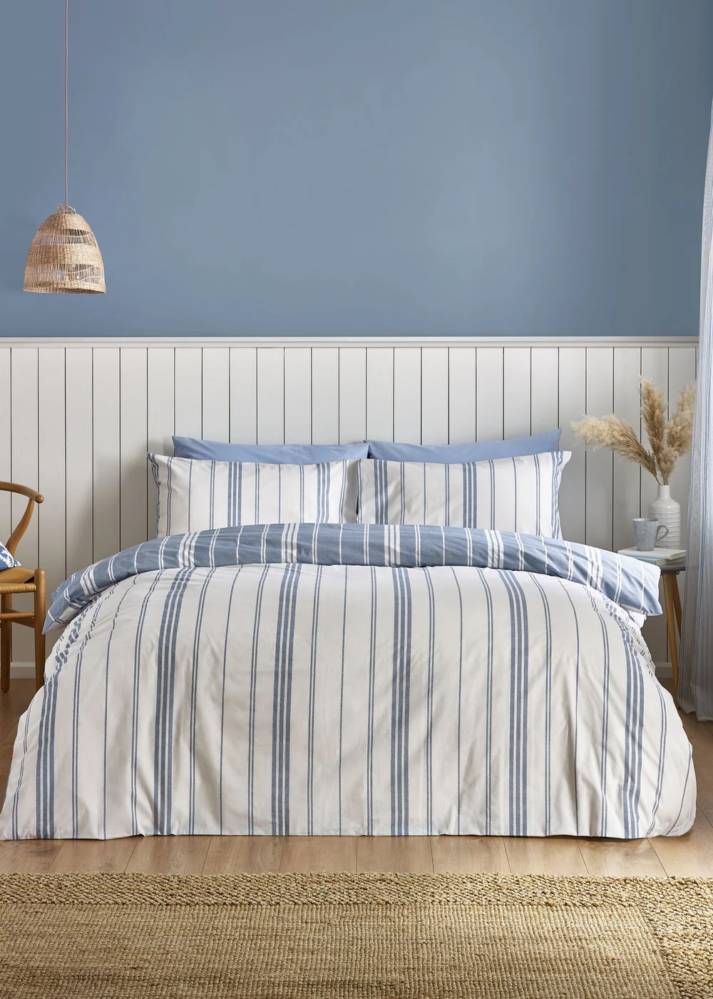 Catherine Lansfield Harbour Stripe Reversible Duvet Cover Set Blue - Single Image 1