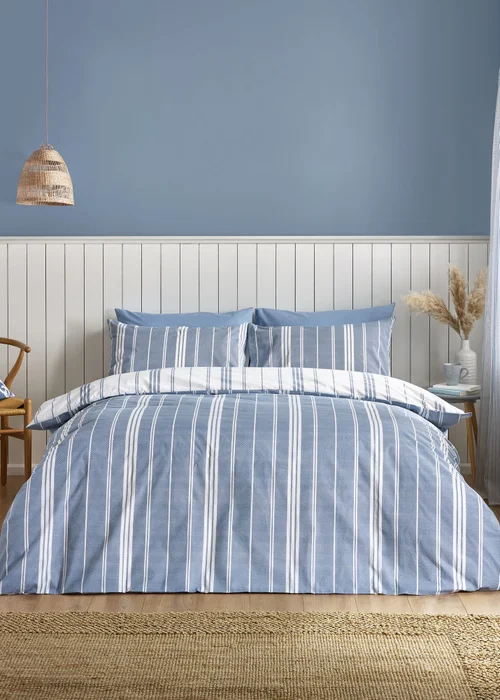 Catherine Lansfield Harbour Stripe Reversible Duvet Cover Set Blue - Single Image 2