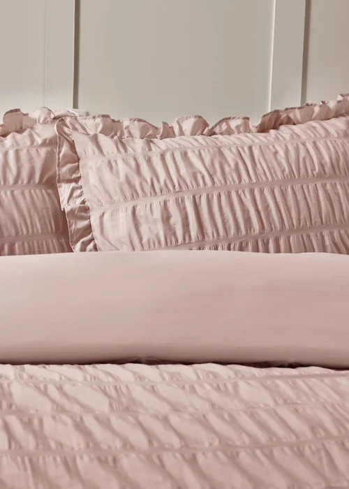 Catherine Lansfield Seersucker Frill Duvet Cover Set Pink - Double Image 2