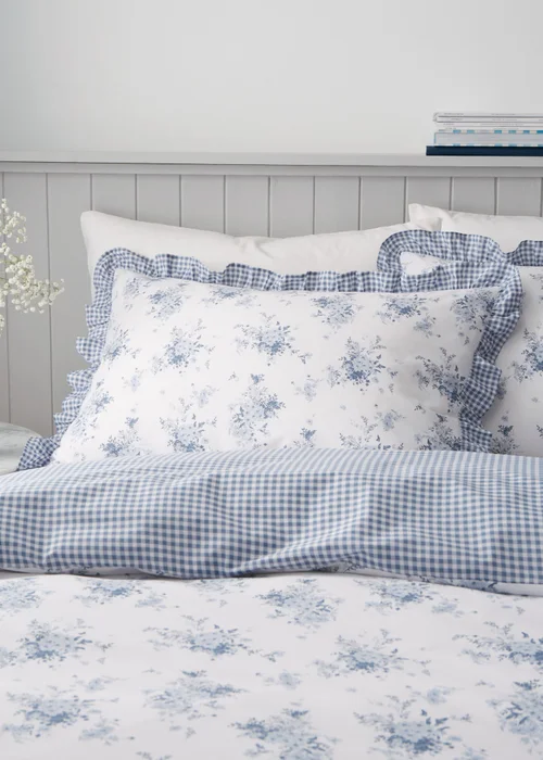 Catherine Lansfield Lucie Floral Frill Reversible Duvet Cover Set White Blue - Single Image 2
