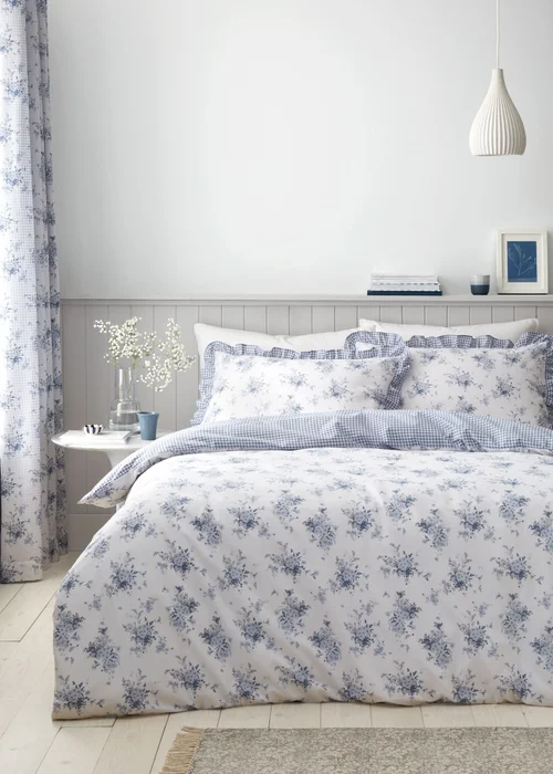 Catherine Lansfield Lucie Floral Frill Reversible Duvet Cover Set White Blue - Single Image 1