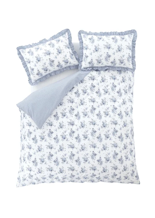 Catherine Lansfield Lucie Floral Frill Reversible Duvet Cover Set White Blue - Single Image 5