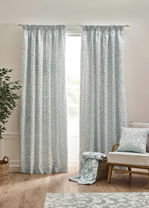 Catherine Lansfield Brooke Floral Lined Pencil Pleat Curtains Duck egg Blue - 66W X 72D (168x183cm) Image 1