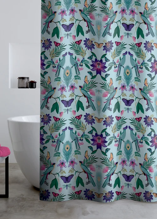 Catherine Lansfield Mya Tropical Bird Shower Curtain Panel Duck egg Blue - One Size Image 1