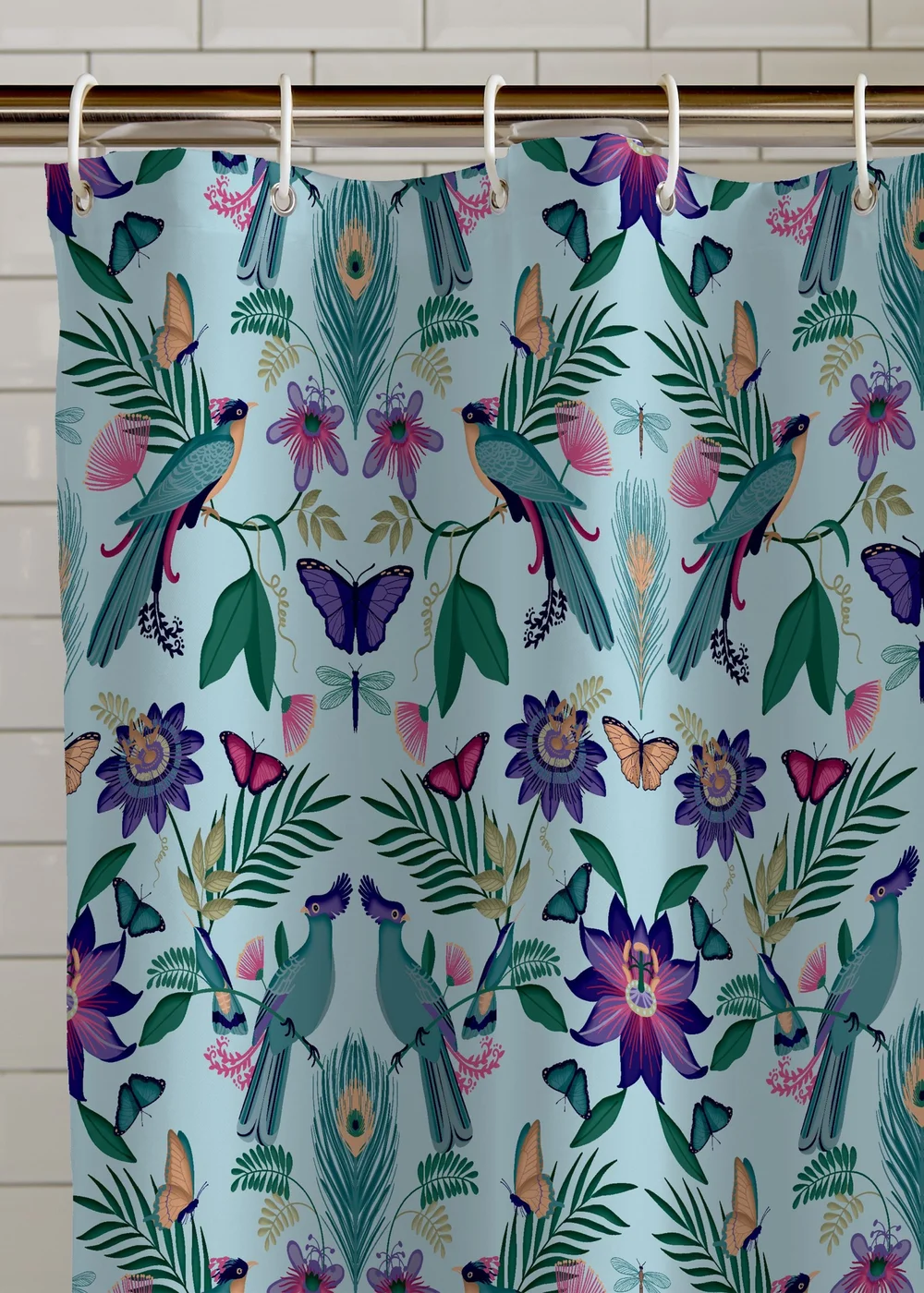 Catherine Lansfield Mya Tropical Bird Shower Curtain Panel Duck egg Blue - One Size Image 2