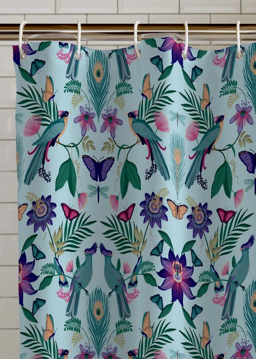 Catherine Lansfield Mya Tropical Bird Shower Curtain Panel Duck egg Blue - One Size Image 2