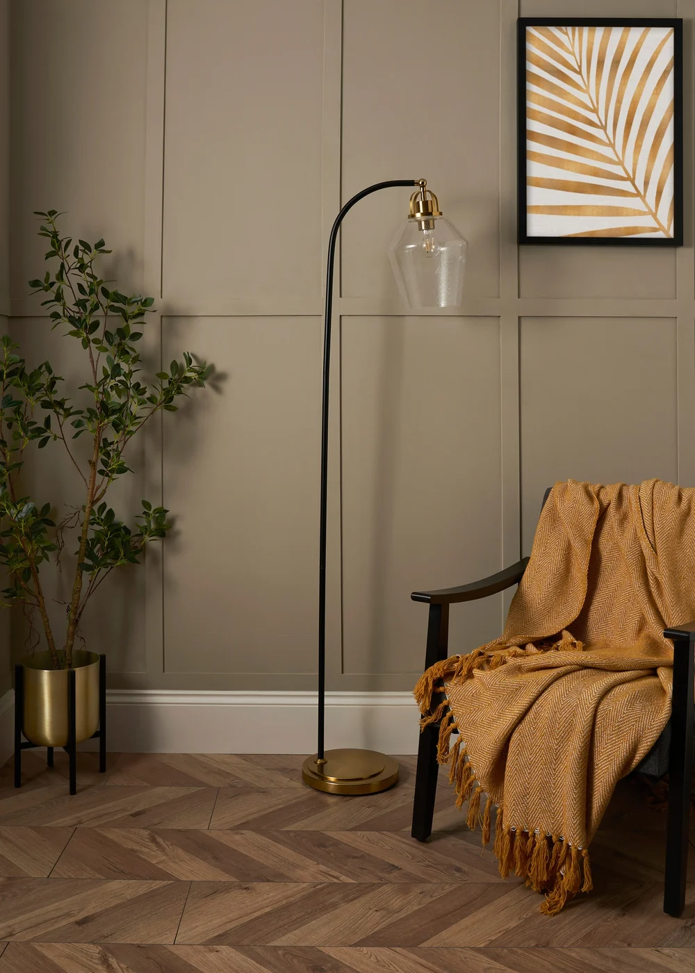 BHS Saskia Bubble Glass & Warm Satin Brass Arc Floor Lamp - One Size Image 1