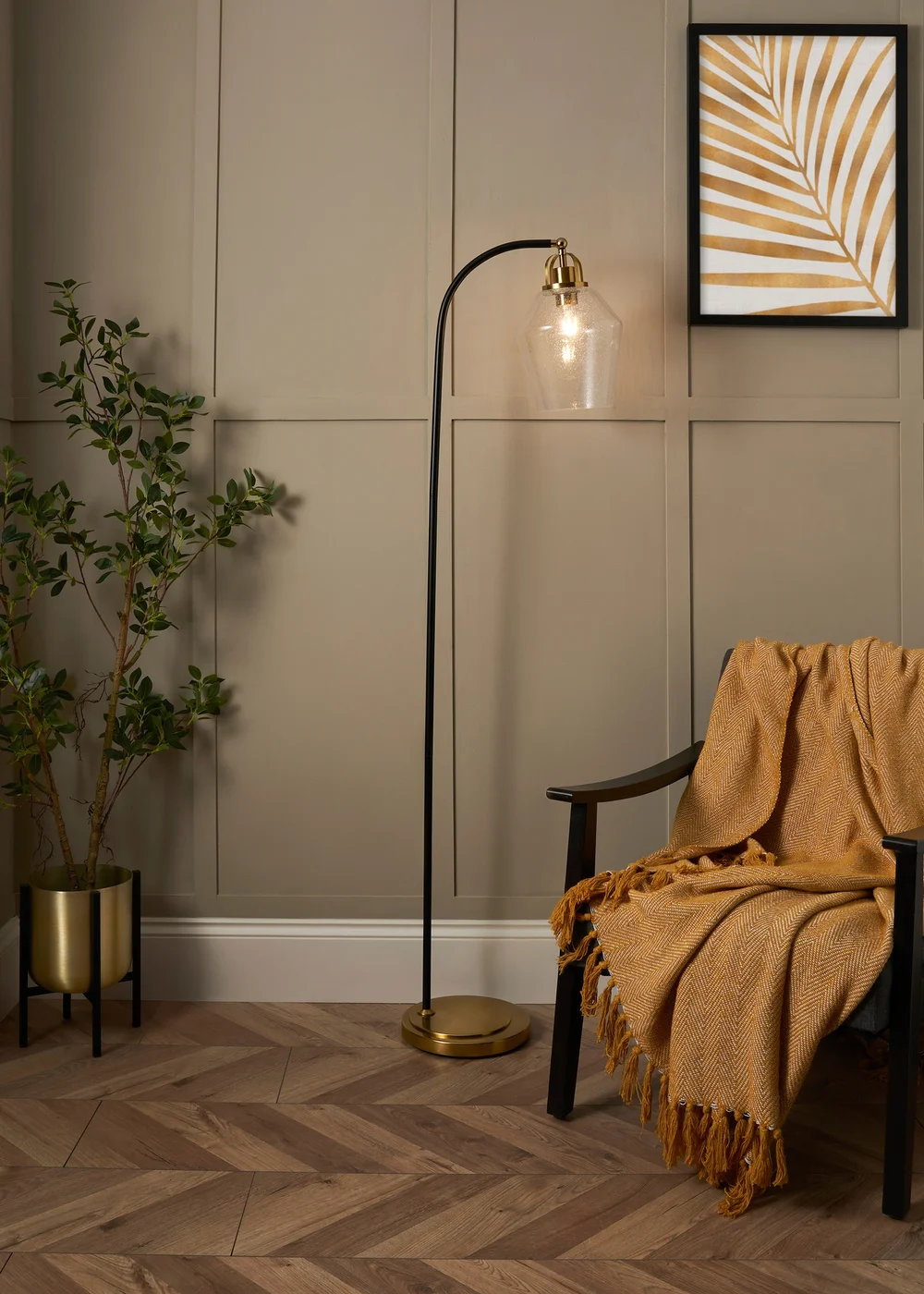 BHS Saskia Bubble Glass & Warm Satin Brass Arc Floor Lamp - One Size Image 2