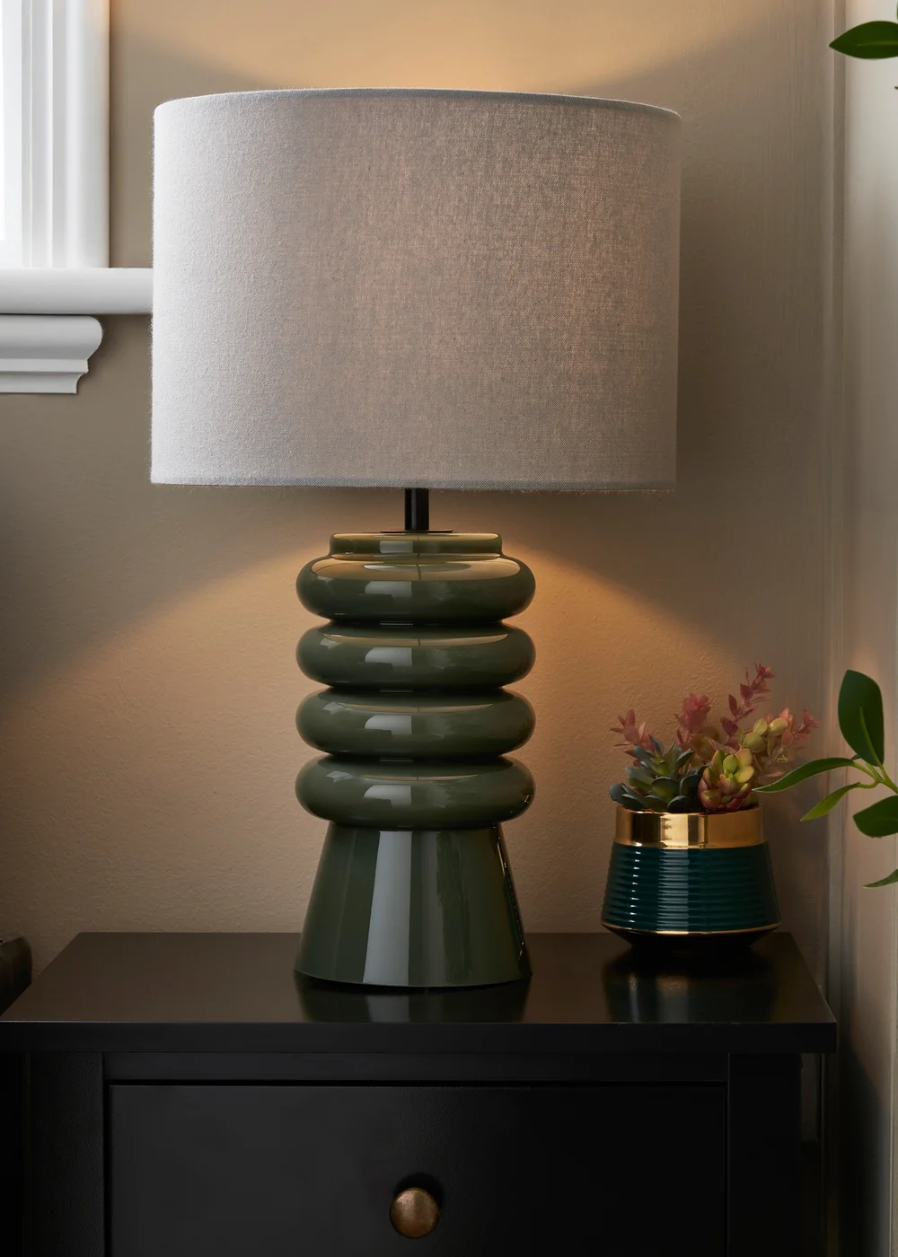 BHS Rahya Green Ribbed Glass Table Lamp - One Size Image 2