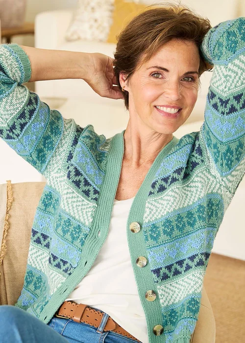 Cotton Traders Dusty Jade Fair Isle Button Cardigan - 10 Image 1