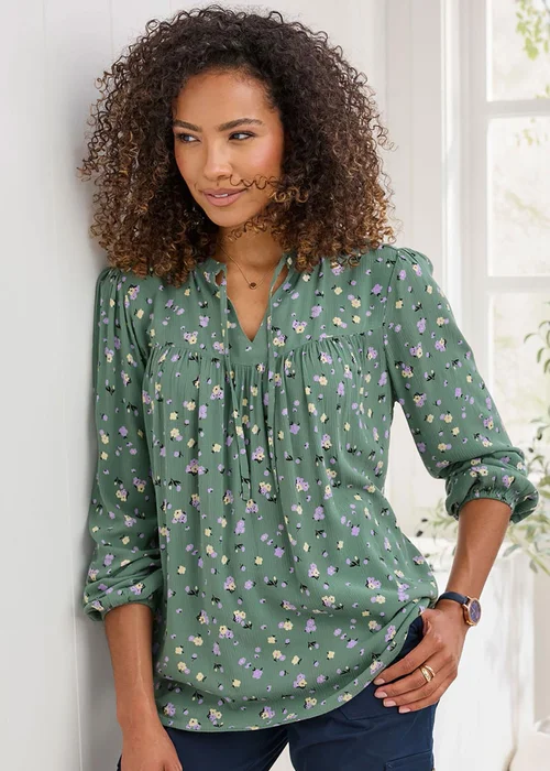 Cotton Traders Forest Green Printed Crinkle Blouse - 10 Image 1