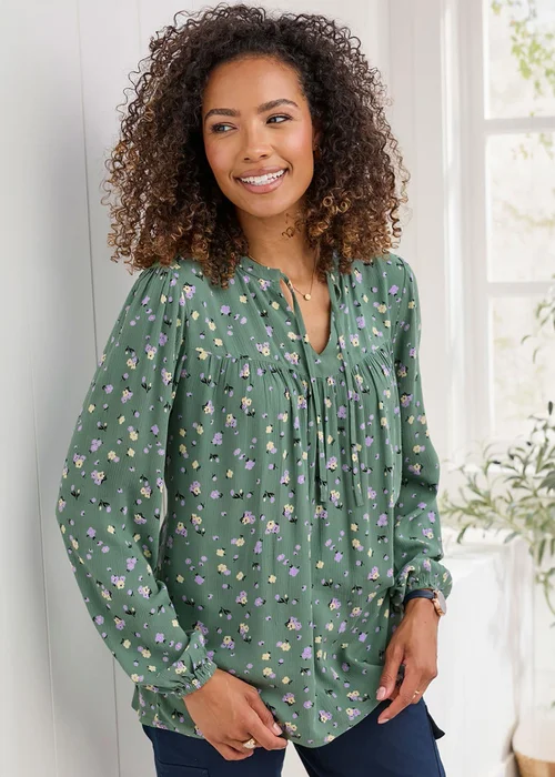 Cotton Traders Forest Green Printed Crinkle Blouse - 10 Image 4