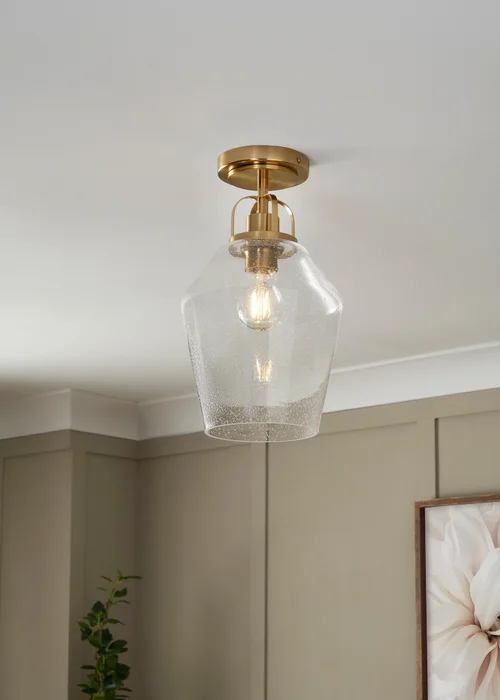 BHS Athea Brass & Bubble Glass 1 Light Flush (35cm x 21cm) - One Size Image 1