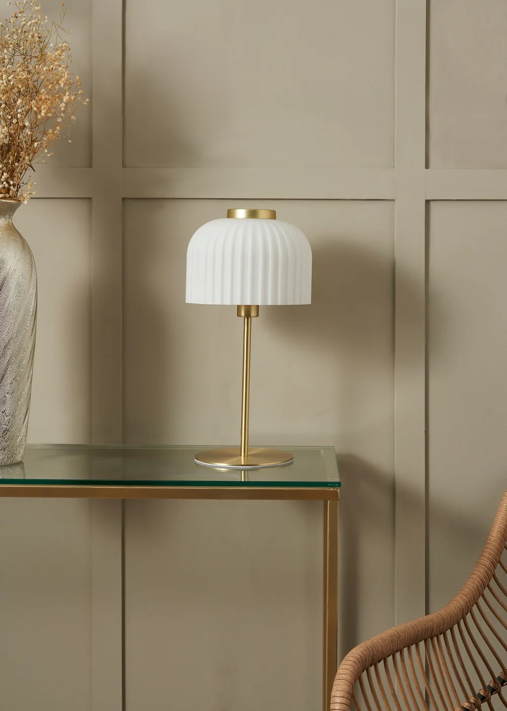 BHS Costa Brass Table Lamp with Ribbed White glass (38cm x 19cm) - One Size Image 2