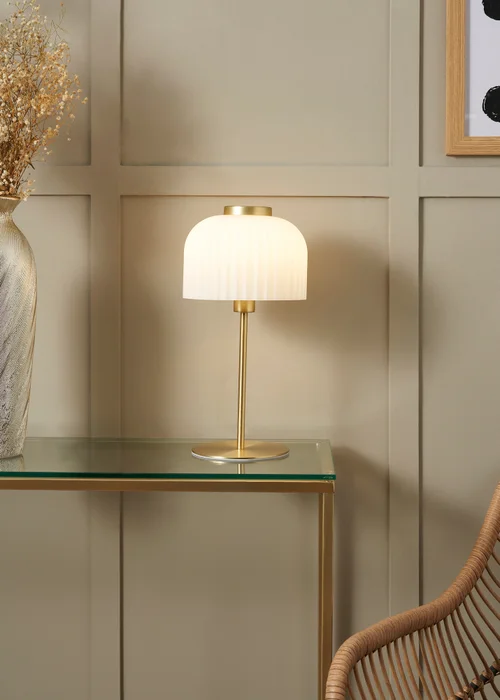 BHS Costa Brass Table Lamp with Ribbed White glass (38cm x 19cm) - One Size Image 1