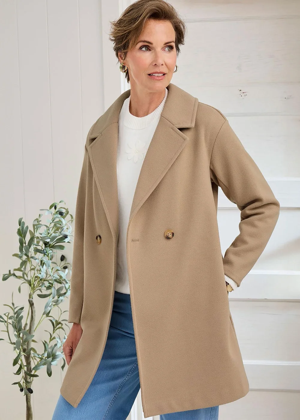 Cotton Traders Light Camel Wool-Look Unlined Double-Breasted Coat - 8 Image 1