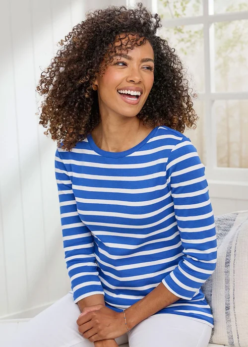 Cotton Traders Indigo Wrinkle Free Stripe Boat Neck Top - Size 16 Image 1