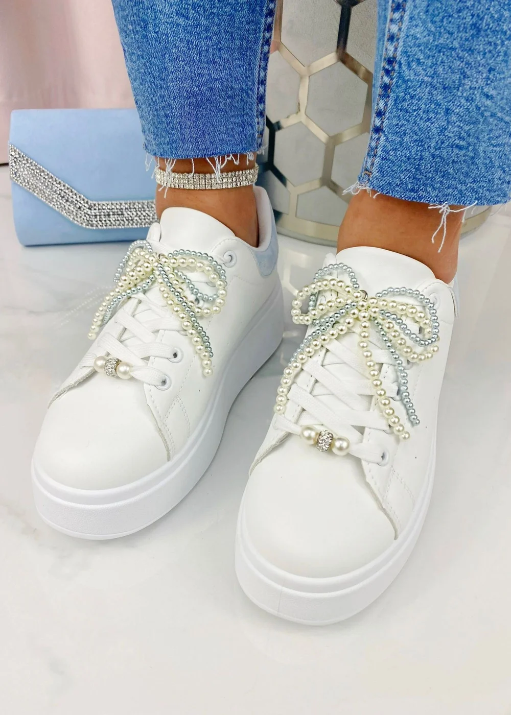 Love Lemonade Blue Sparkly Pearl Bow Chunky Trainers - 3 Image 2