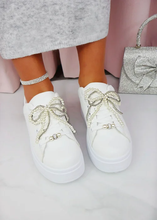 Love Lemonade Silver Sparkly Pearl Bow Chunky Trainers - 3 Image 1