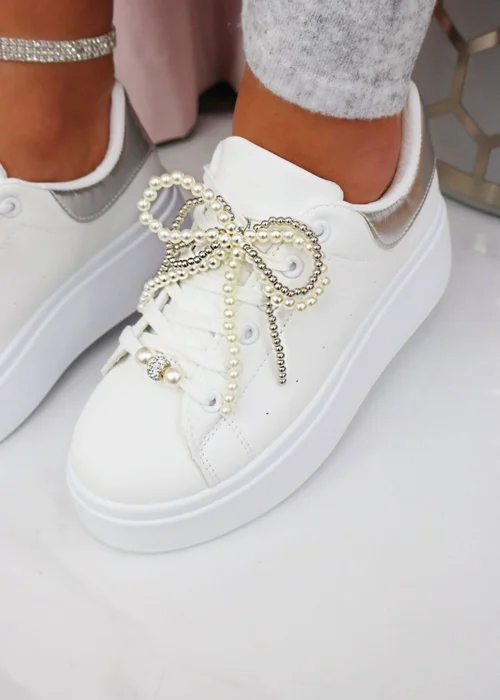 Love Lemonade Silver Sparkly Pearl Bow Chunky Trainers - 3 Image 2