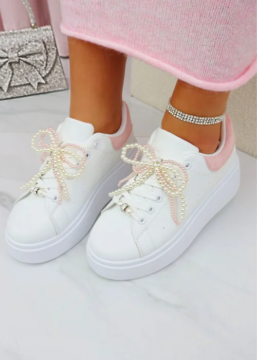 Love Lemonade Pink Sparkly Pearl Bow Chunky Trainers - 3 Image 1