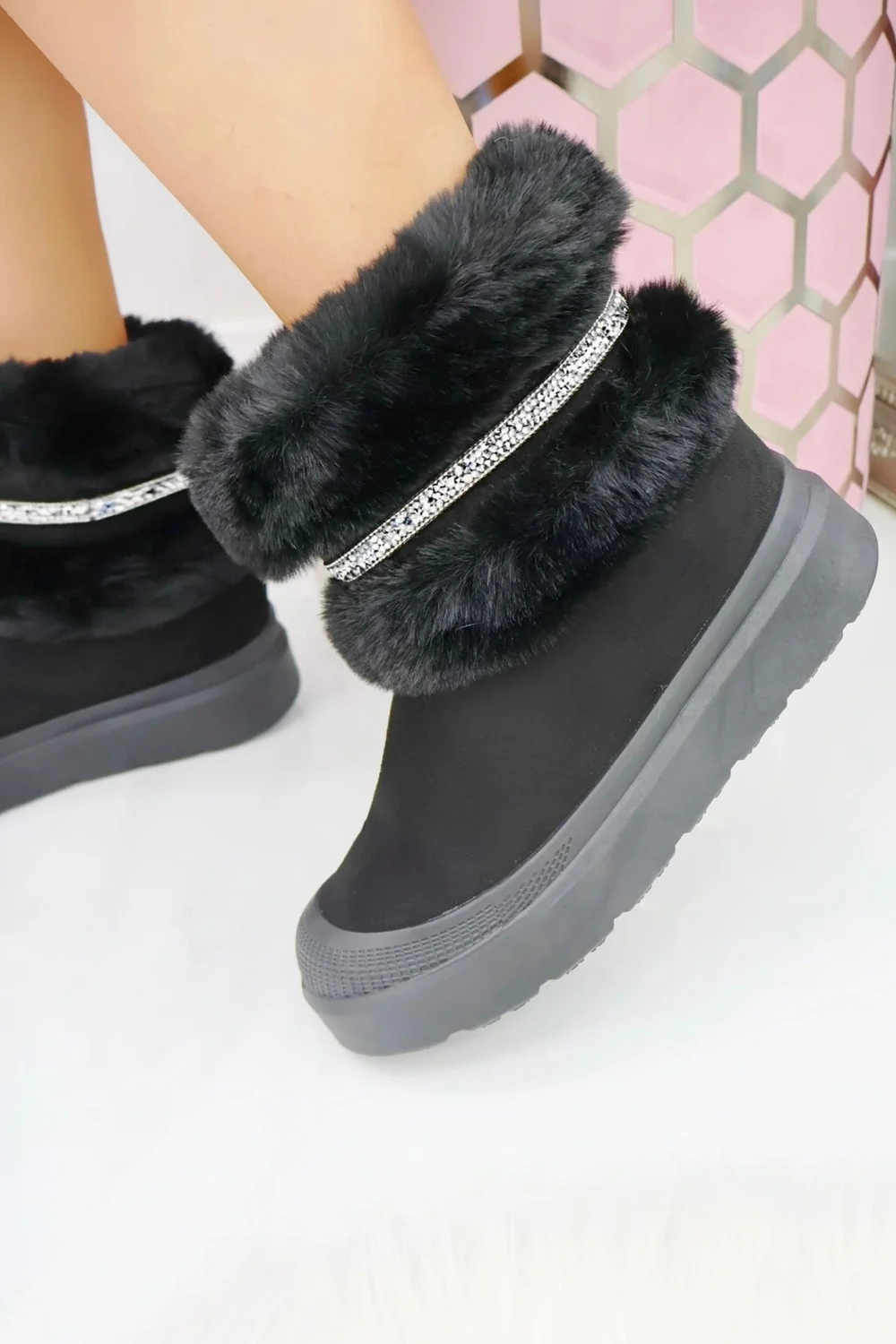 Love Lemonade Black Crystal Embellished Faux Fur Trim Boots - 3 Image 2
