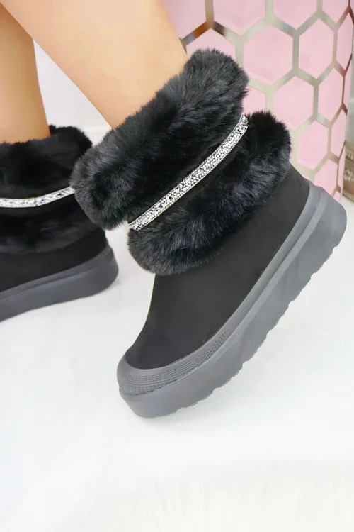 Love Lemonade Black Crystal Embellished Faux Fur Trim Boots - 3 Image 2